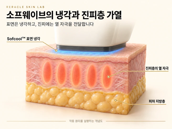 리라클 스킨랩이 제작한 Sofcool 표면 냉각과 진피층의 열 자극을 구분한 피부 단면 일러스트