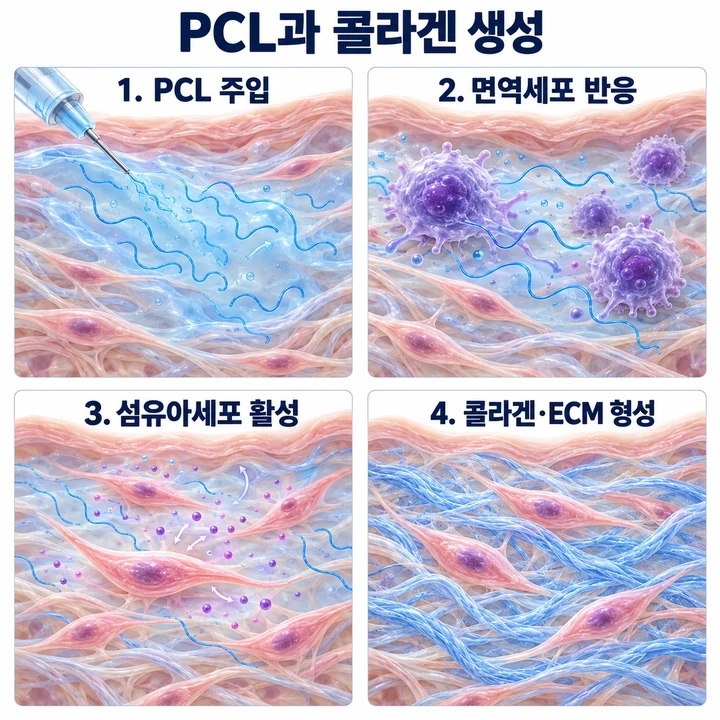 PCL 주입, 면역세포 반응, 섬유아세포 활성, 콜라겐과 세포외기질 형성을 설명하는 네 단계 개념도